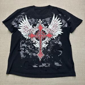 Y2K Grunge Thrashed Black Affliction Style Graphic Tee Konflic Large Cross Wings